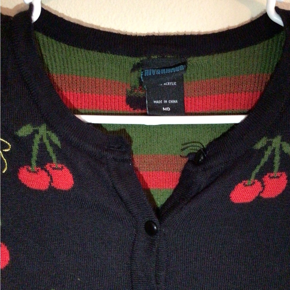 Cherry Patterned Black V-Neck Sweater - image 3